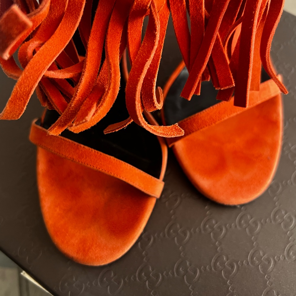 Gucci Orange Suede Fringe Stiletto Sandals - Picture 3 of 10
